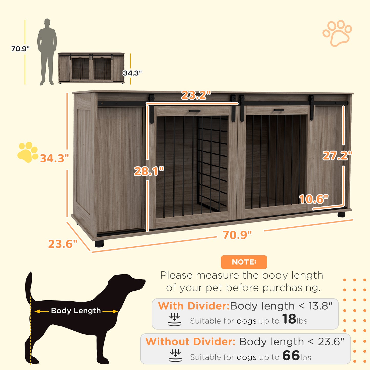 PawHut Dog Crate Furniture with Removable Divider for 2 Small Dogs or 1 Large Dog, 71" Modern Dog Kennel Furniture End Table with Storage, Double Doors, Walnut