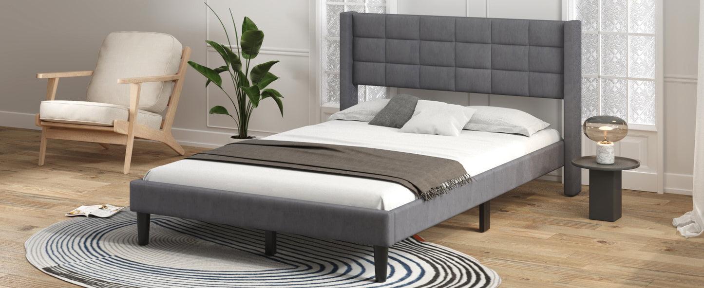 Queen Size Upholstered Platform Bed with Support Legs, Gray