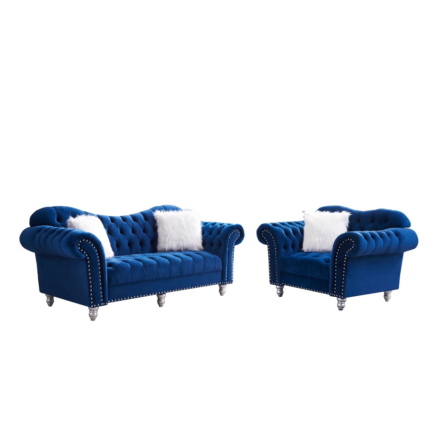 3 Piece Living Room Sofa Set, including 3-Seater Sofa, Loveseat and Sofa Chair, with Button and Copper Nail on Arms and Back, Five White Villose Pillow, Blue.