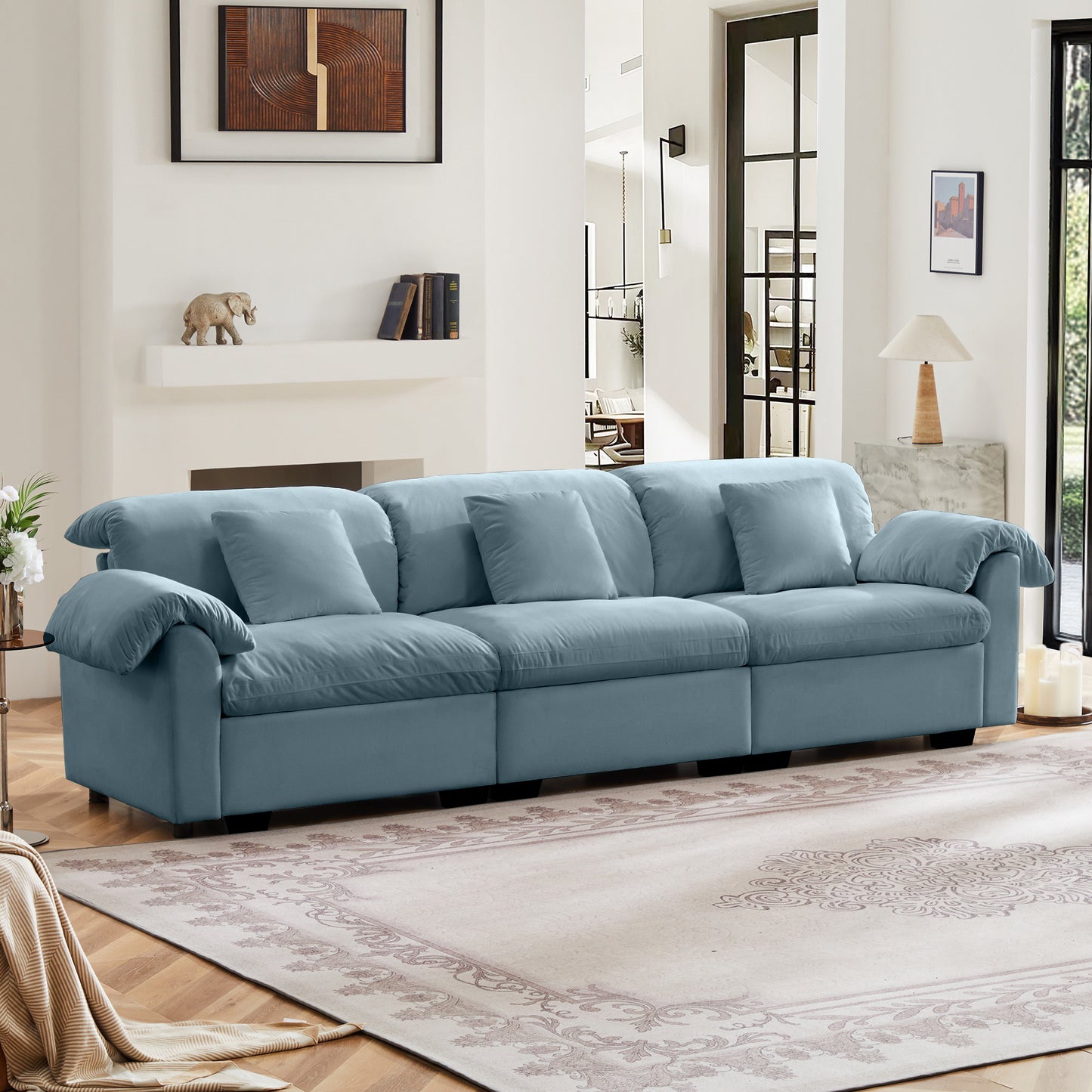 Extra Large 3 - Seat Modern Velvet Sofa With Storage Function Under Each Seat, Oversize Sofa Clould Like Deep Seat Couch with Comfortable Seat and Back Support, 3 Seater Sofa with Fluffy Armrest Pillo