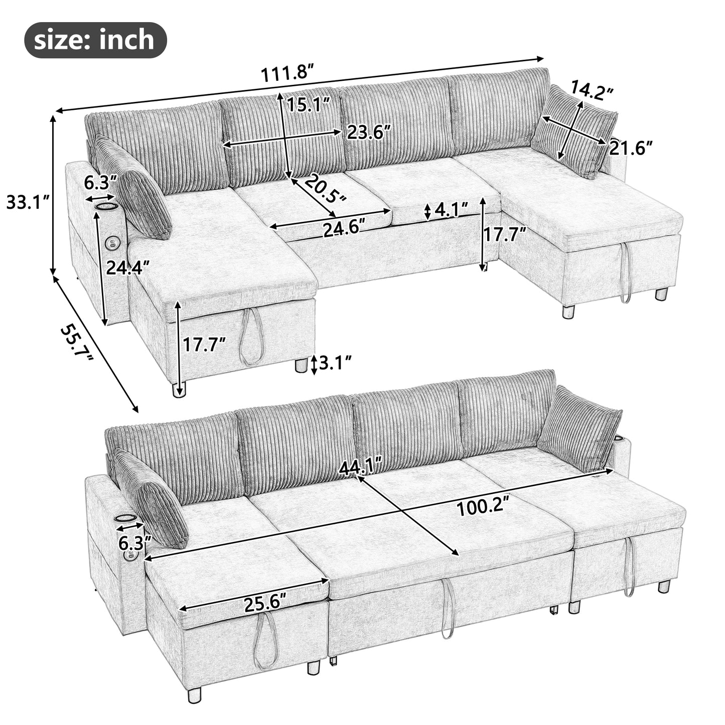 111.8" Sectional Sofa Pull-out Sofa Bed Versatile Sofa Sleeper with Large Storage Space, Two USB Ports and Two Cup Holders for Living Room, Beige