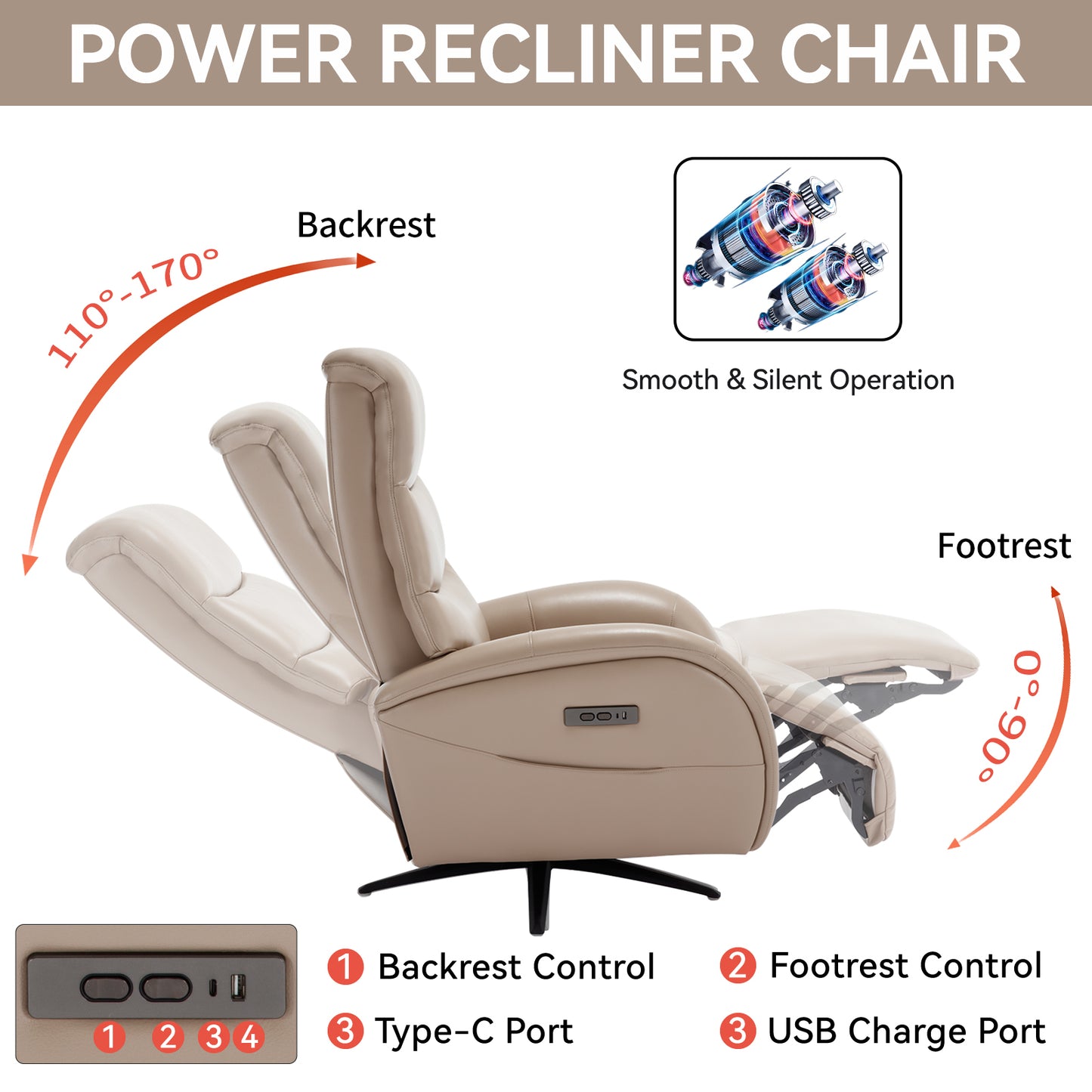 Khaki Leatheraire Dual Motor 270° Swivel Power Recliner Chair With Heavy Duty Motion Mechanism, USB and Type-C Charging Ports