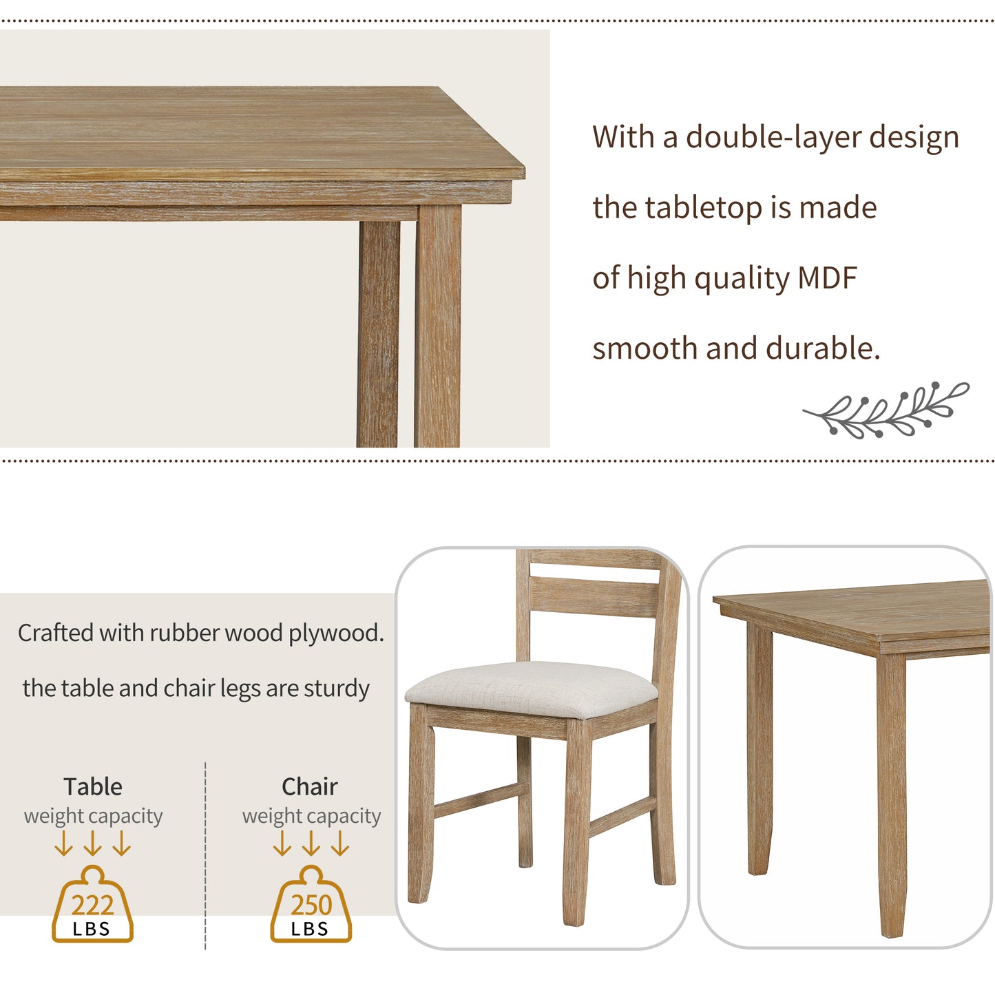 TREXM Dining Room Table and Chairs with Bench, Rustic Wood Dining Set, Set of 6 (Natural Wood Wash)