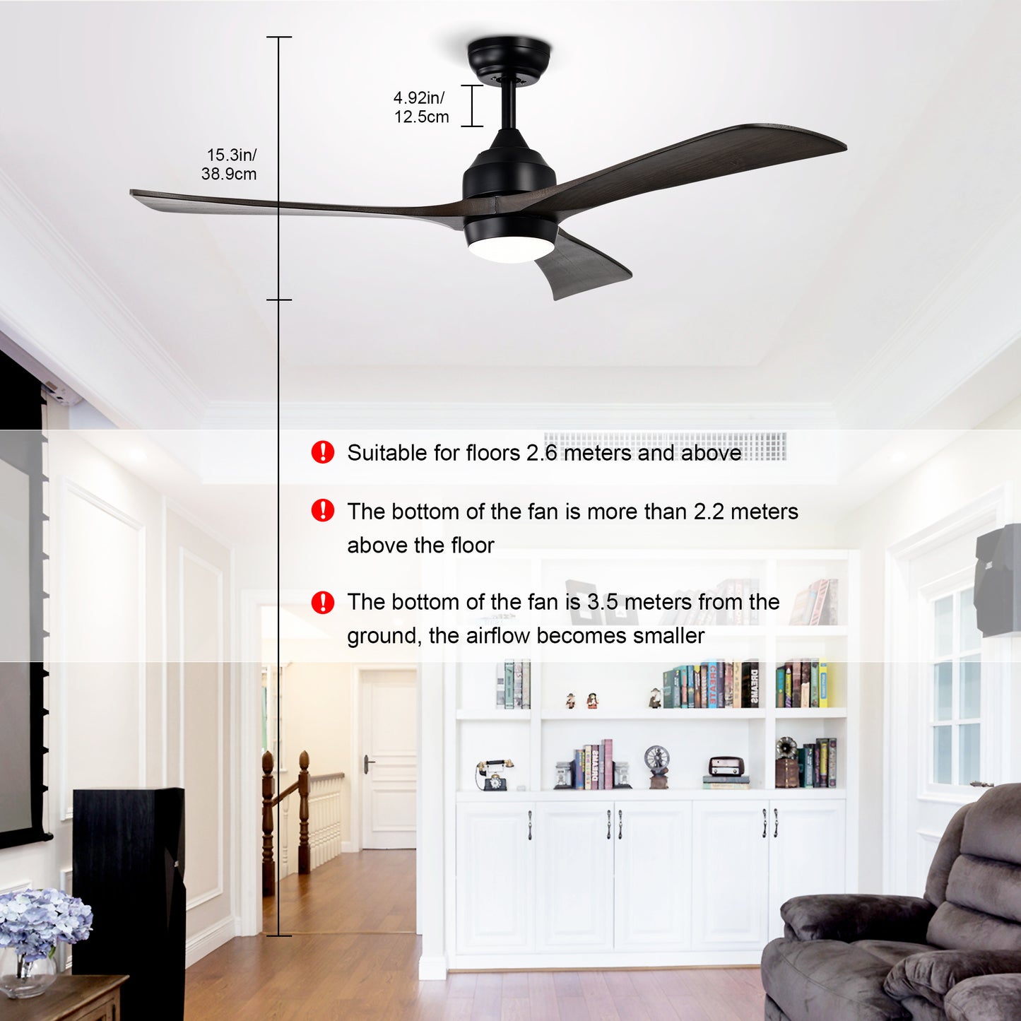 52" Ceiling Fan with Lights Remote Control,Quiet DC Motor 3 Blade Ceiling Fans 6 Speed Levels,Reversible Ceiling Fan, for Patio Living Room, Bedroom, Office,Indoor.(Matte Black +Black Walnut )