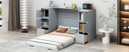 Twin Size Murphy Bed with Drawers, Cabinets and USB Ports,Gray