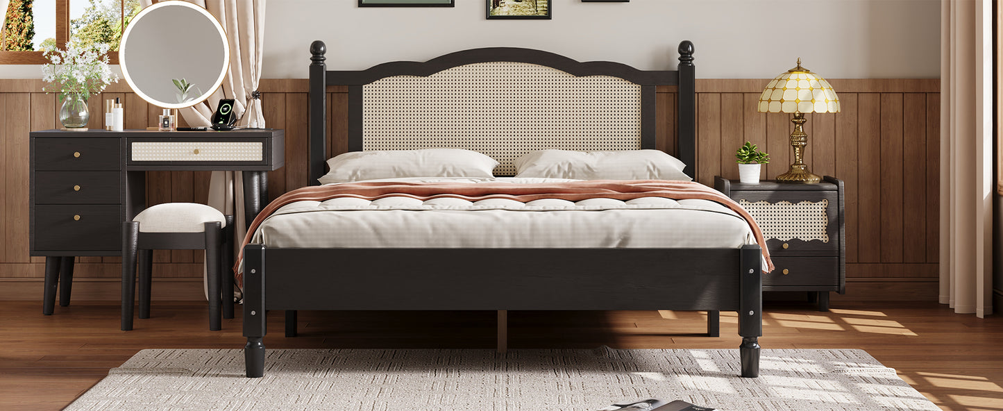 Queen Size Wooden Platform Bed with Natural Rattan Headboard, Vintage Bed Frame with Wooden Slat Support, Black