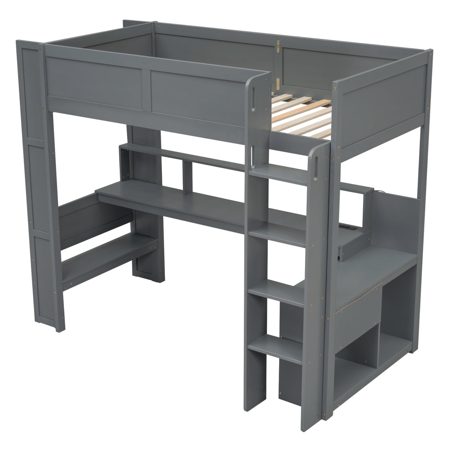 Wood Twin Size Gaming Loft Bed with Desk, Multi-storage Shelves, LED and Charging Station in Dark Gray, Solid Wood+MDF