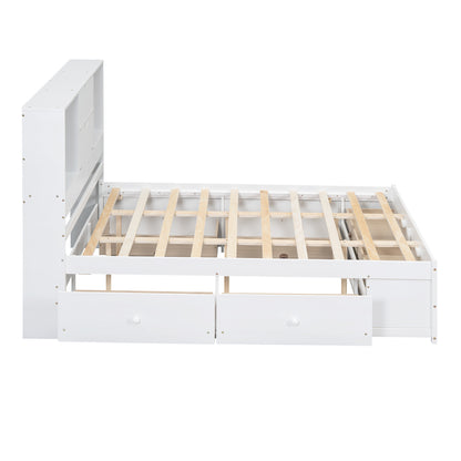 Queen Size Platform Bed with Storage Headboard and 8 Drawers, White