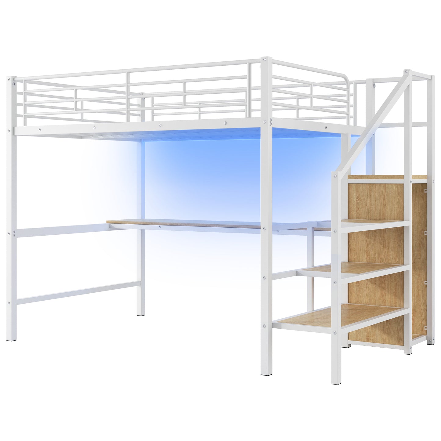 Full Size Metal Loft Bed with Desk, Storage Staircase, Small Wardrobe and LED Light in White Metal and MDF