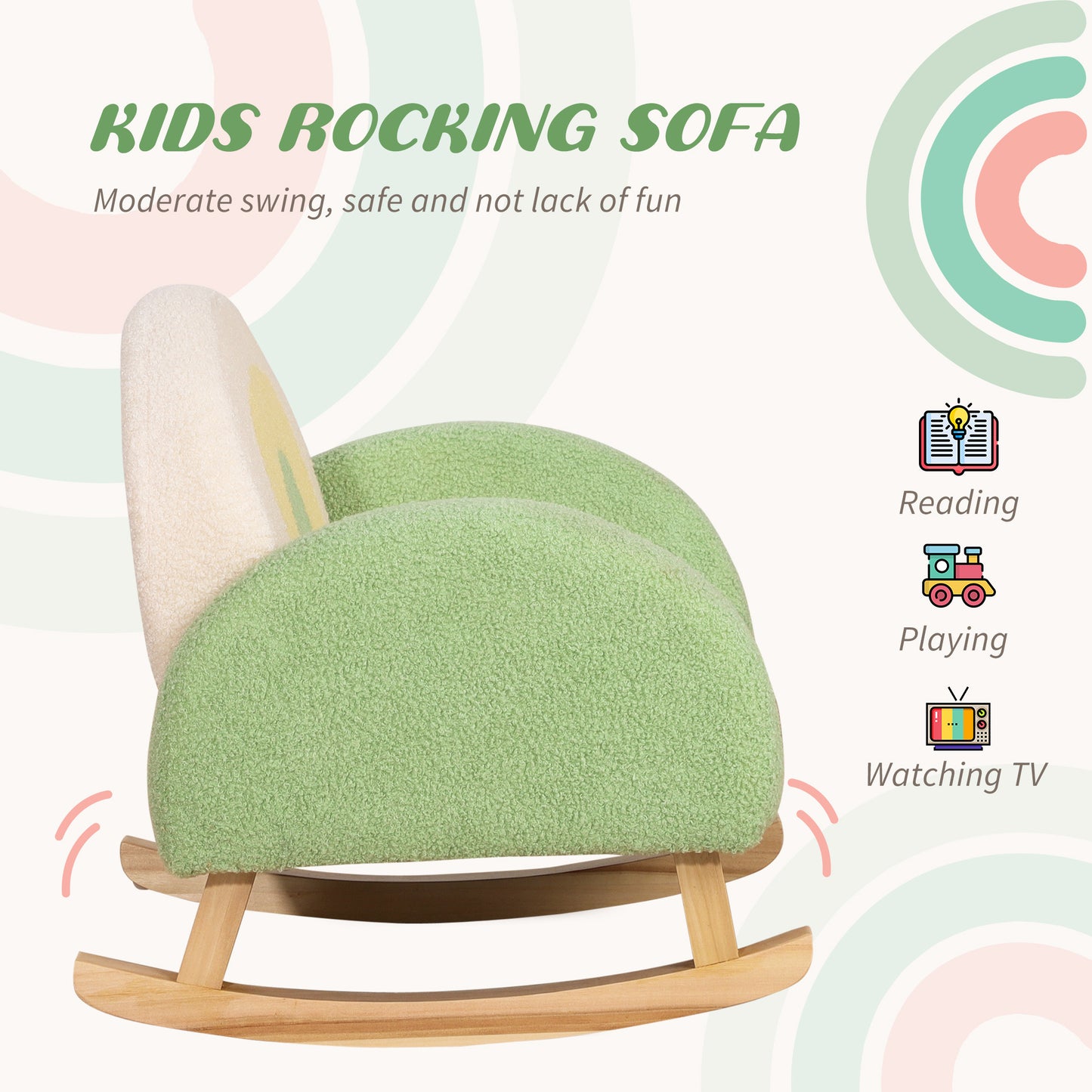 Qaba Kids Sofa, Rocking Toddler Sofa Chair with Solid Wooden Frame, Faux Lamb Fleece Fabric, Kids Arm Chair for Nursery or Playroom, Ages 18-36 months, Green