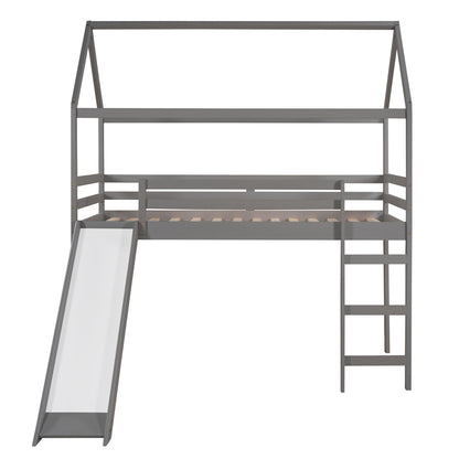 Twin Loft Bed with Slide, House Bed with Slide,Gray(OLD SKU :WF286245AAE)