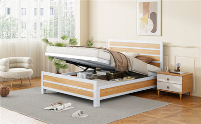 Queen Size Metal Platform Bed with Underneath Storage, White