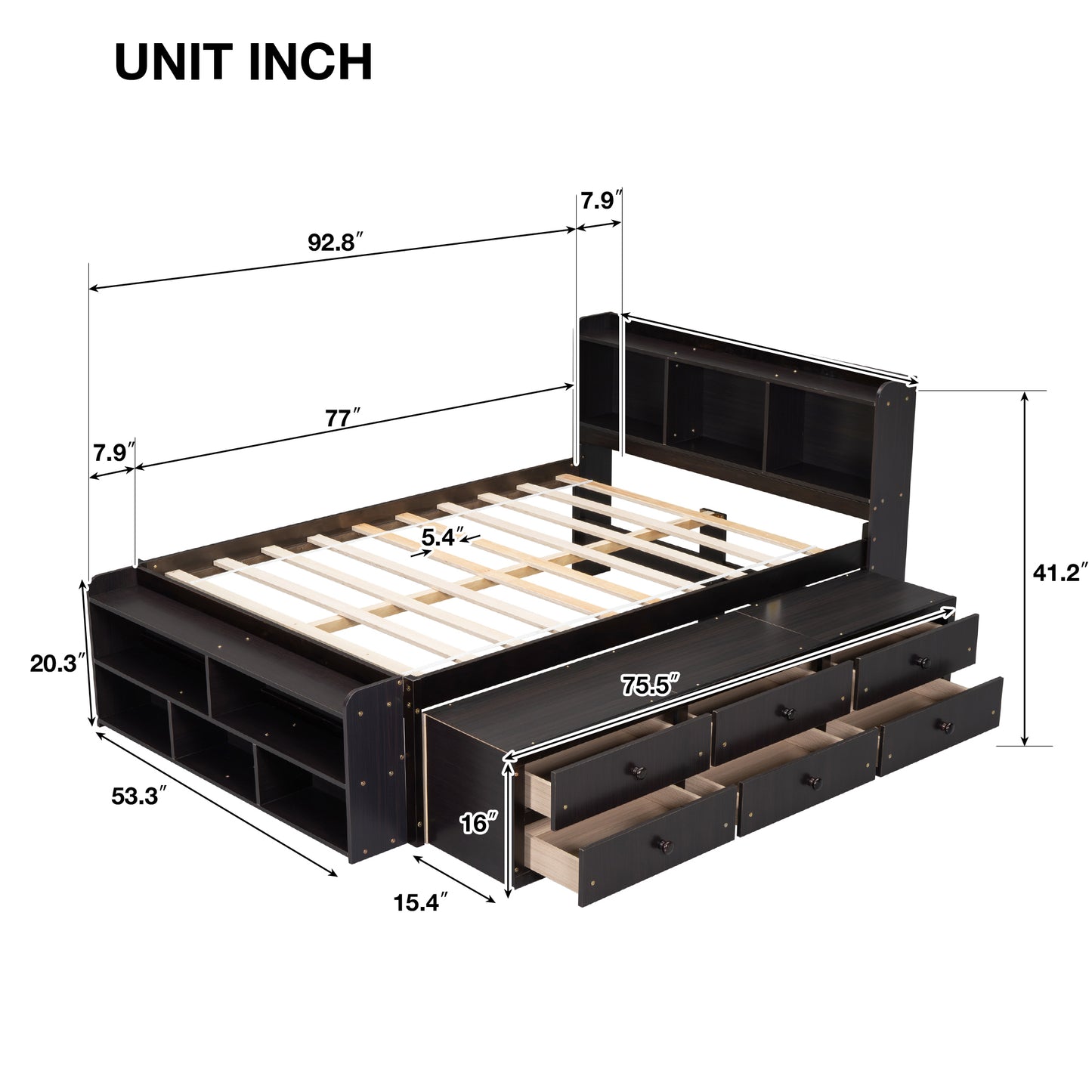 Full Bed with Bookcase Headboard, Under bed Storage Drawers and Bed End Storage Case,Espresso