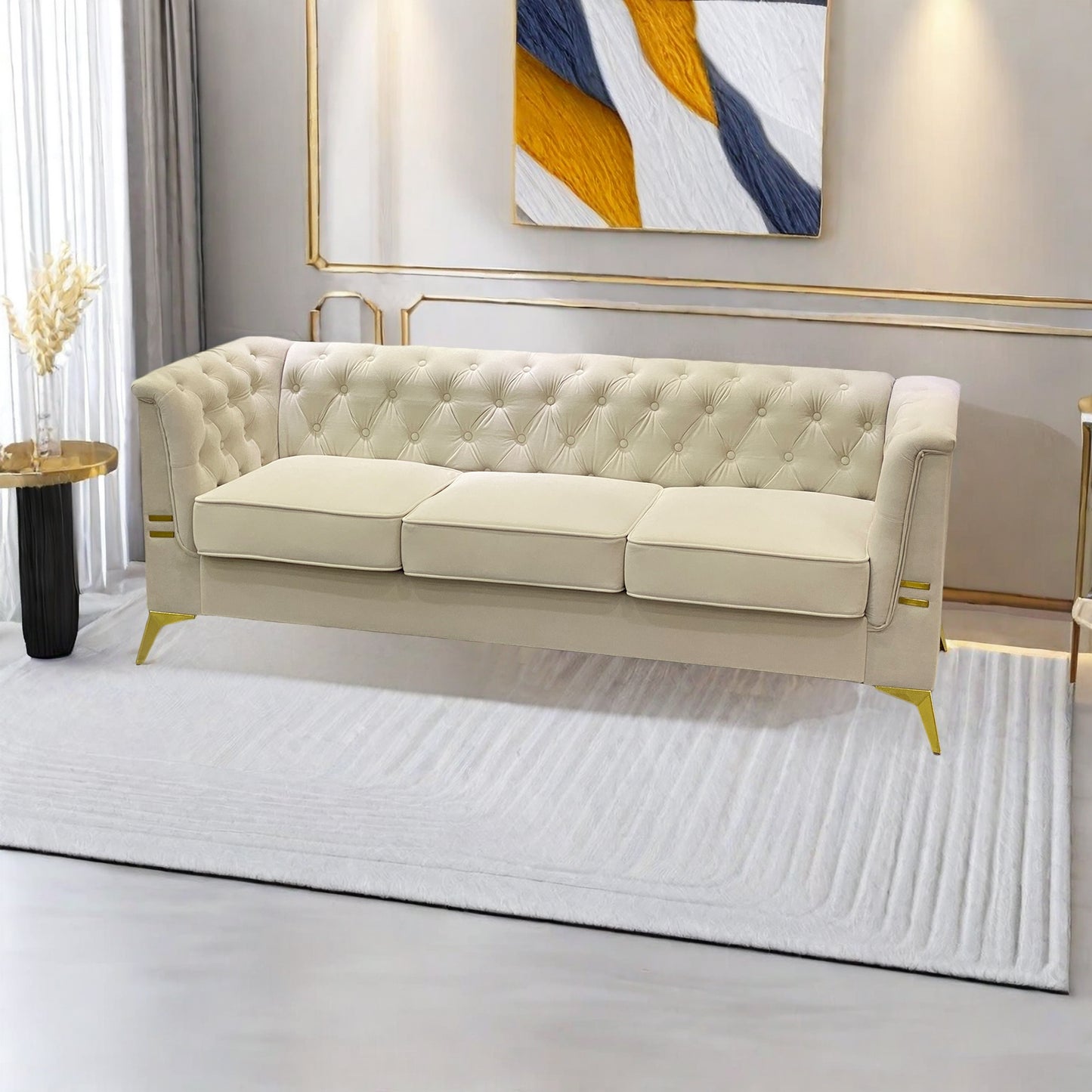 FX-P83-CW (sofa) -Modern Velvet Living Room Chesterfield design 82.7inch Wide Sofa cream white color