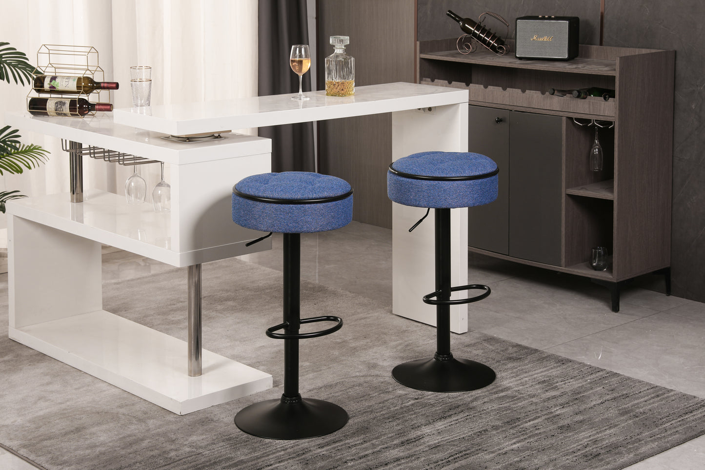 Round Storage Bar Stool Set of 2, Blue Linen Height Adjustable Barstool, 360°Counter Height Swivel Stool, Armless Bar Chair with Metal Frame for Kitchen Counter Dining Living Room