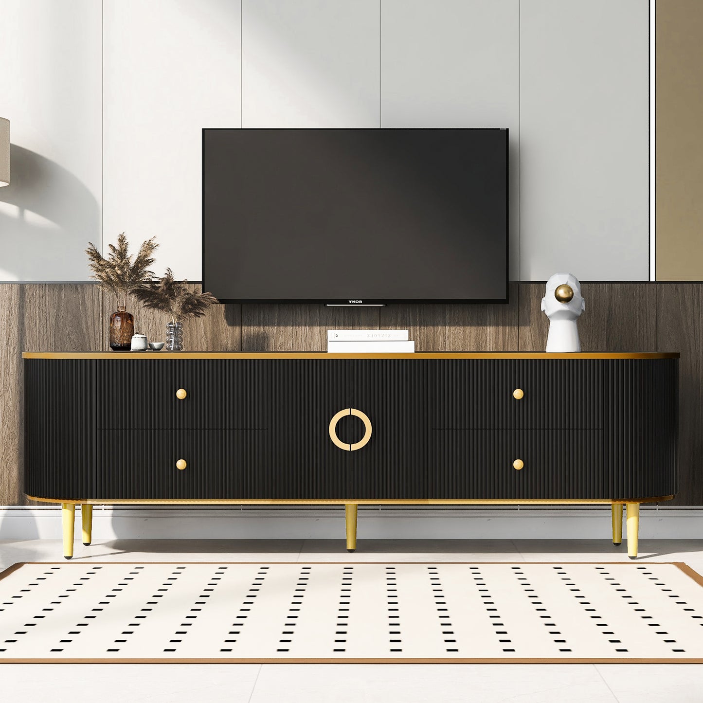 U-Can Modern TV Stand for TVs up to 80 Inches, Entertainment Center with 4 Drawers and 1 Cabinet, Wood TV Console Table with Metal Legs and Handles for Living room