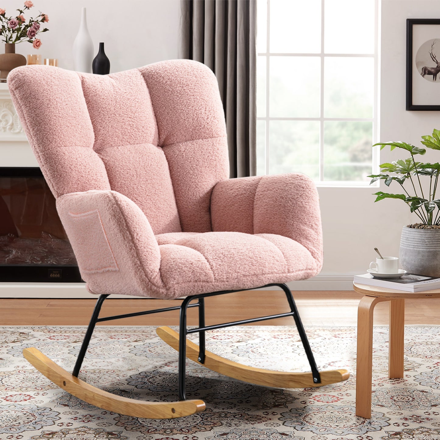 Teddy Fabric Rocking Chair, Modern Rocking Accent Chair for Nursery, Living Room, Bedroom, Pink