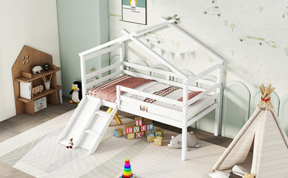 Twin Low Loft House Bed with Slide,  Ladder, Safety Guardrails, House Roof Frame,White