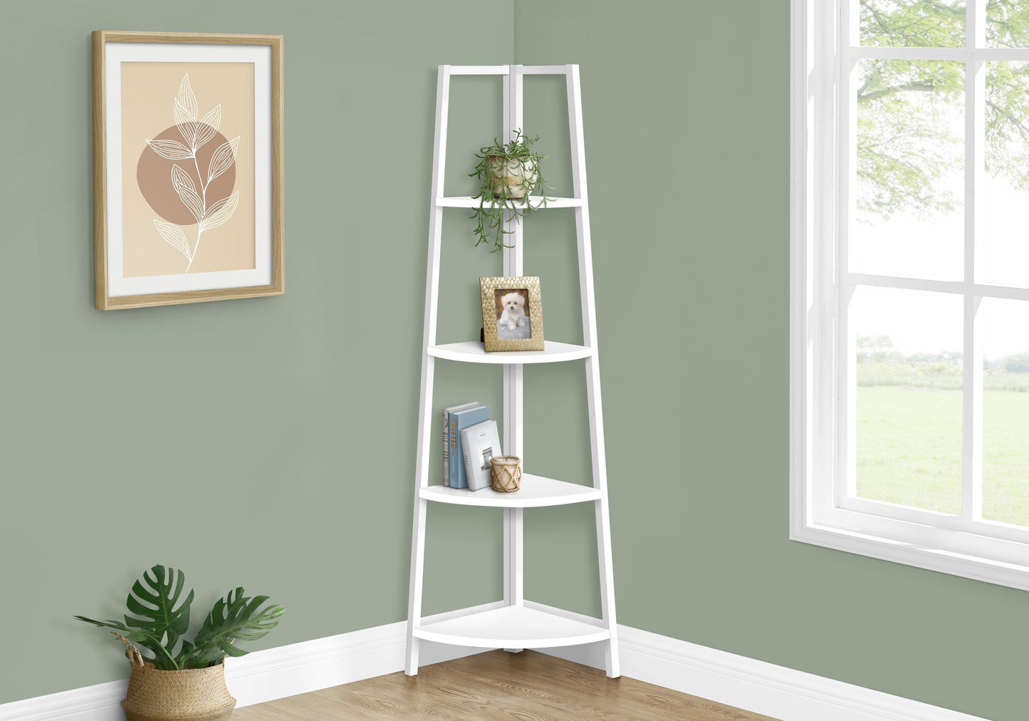 Bookshelf, Bookcase, Etagere, Corner, 4 Tier, 60"h, Office, Bedroom, White Laminate, White Metal, Contemporary, Modern