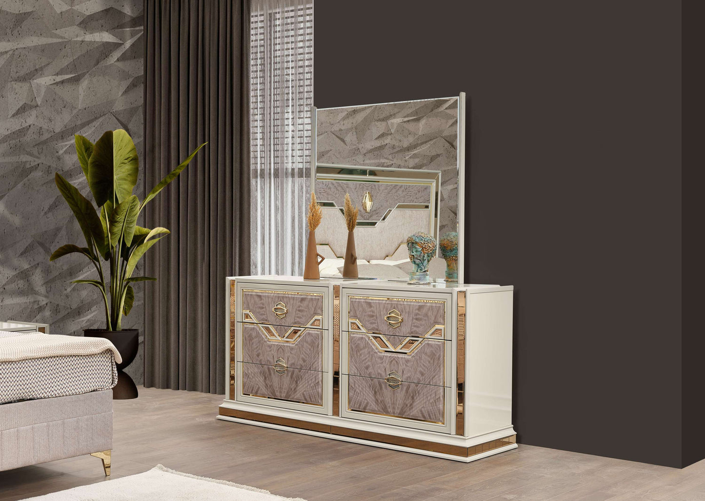 Omari Modern Style 6- Drawer Dresser Made with Wood and Gold Accents in Beige