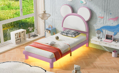 Twin Size Upholstered Platform Bed with Cartoon Ears Shaped Headboard and LED, White&Pink