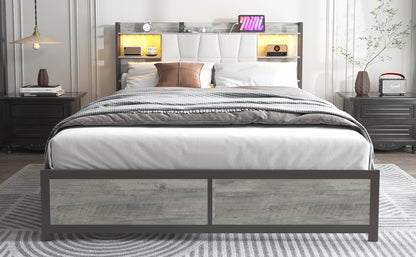 King Size Bed Frame with LED Light & Power Outlet, Platform Bed with Upholstered Headboard and Storage, Sturdy Metal Slats Support, No Box Spring Needed, Easy Assembly, Noise-Free