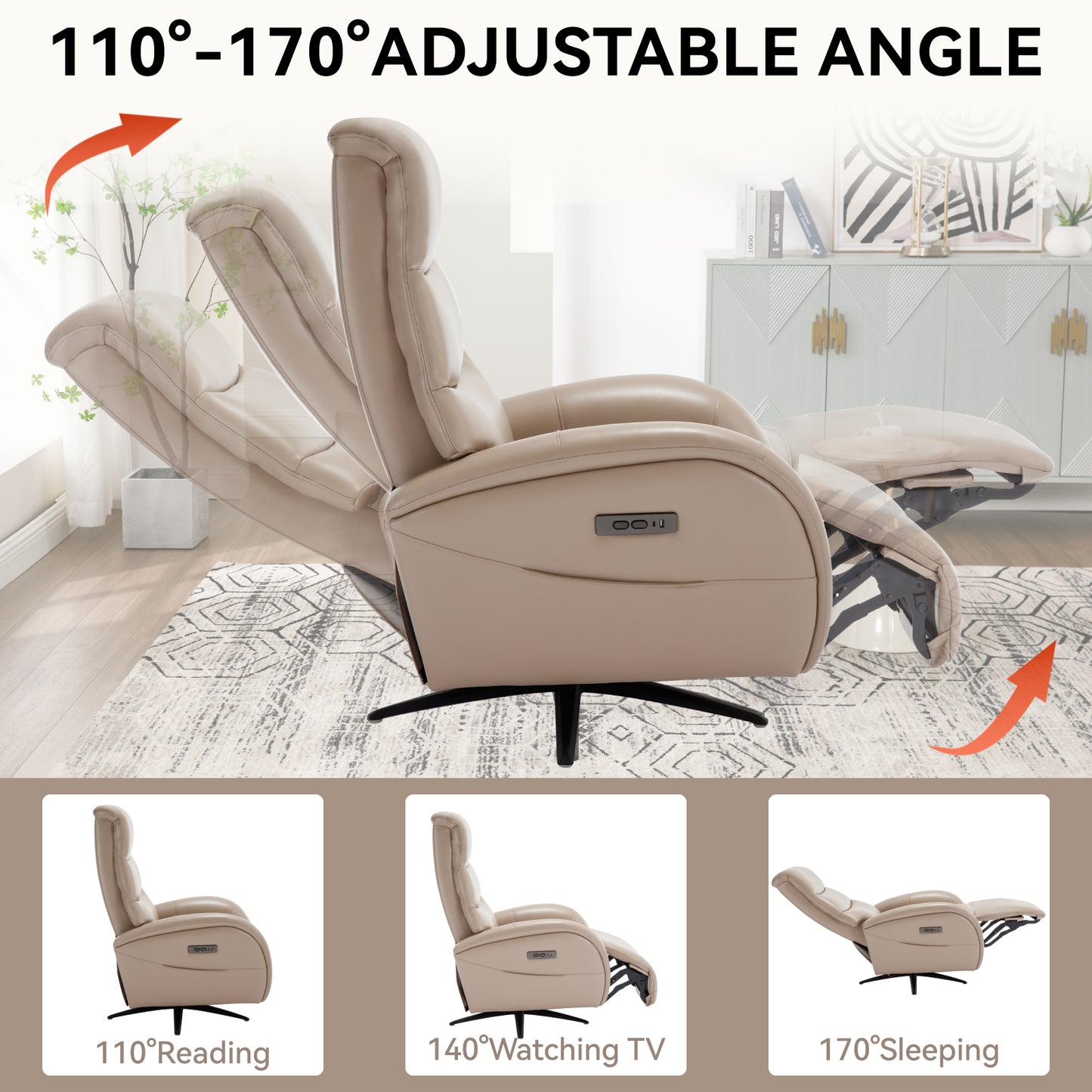 Khaki Leatheraire Dual Motor 270° Swivel Power Recliner Chair With Heavy Duty Motion Mechanism, USB and Type-C Charging Ports