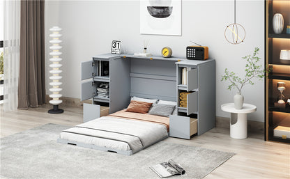 Twin Size Murphy Bed with Drawers, Cabinets and USB Ports,Gray