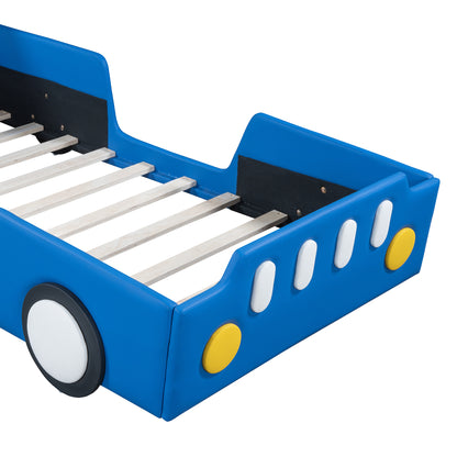 Twin Size Race Car-Shaped Platform Bed with Wheels,Blue