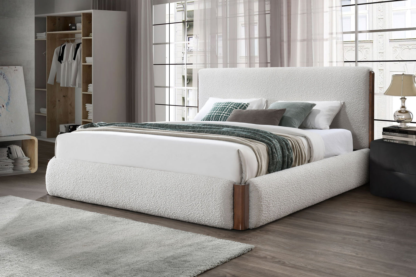 Sandro White Boucle & Walnut Finish EK Bed