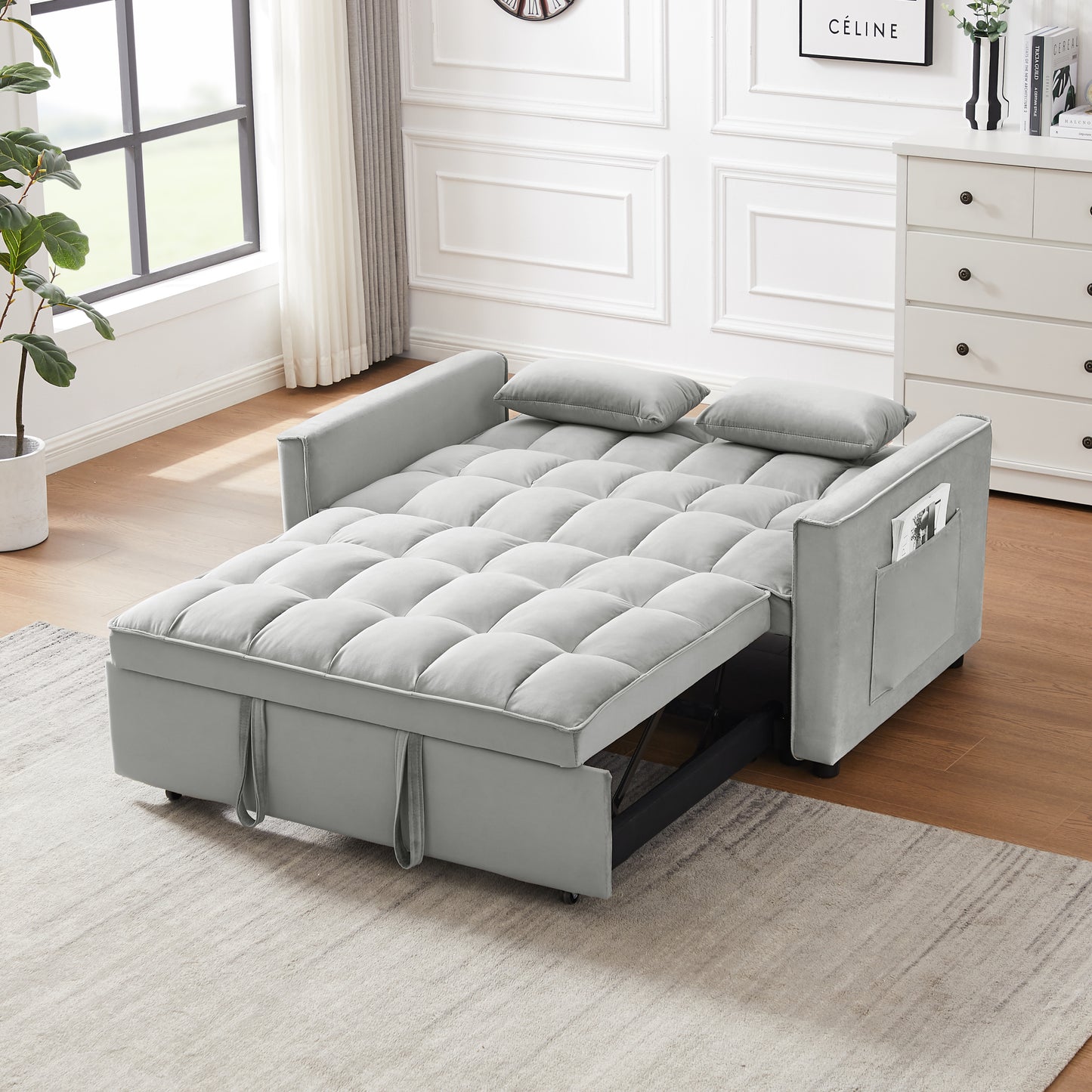 Modern Velvet Loveseat Futon Sofa Couch w/Pullout Bed,Small Love Seat Lounge Sofa w/Reclining Backrest,Toss Pillows, Pockets,Furniture for Living Room,3 in 1 Convertible Sleeper Sofa Bed, Gray