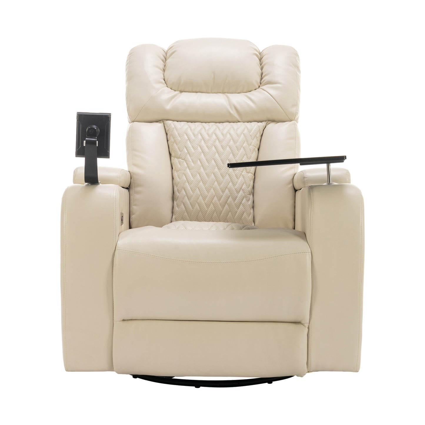 270 Degree Swivel PU Leather Power Recliner Individual Seat Home Theater Recliner with  Comforable Backrest, Tray Table,  Phone Holder, Cup Holder,  USB Port, Hidden Arm Storage for Living Room, White