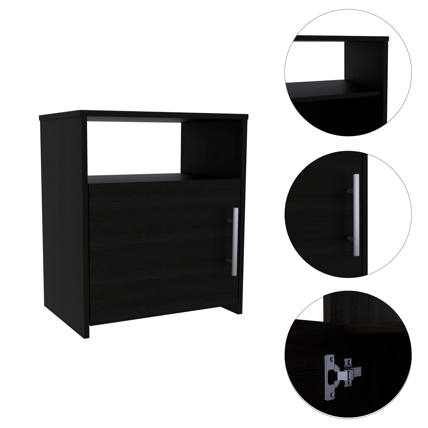 Nordico Nightstand , End Table, Side Table One Shelf, Single Door Cabinet, Metal Handle -Black