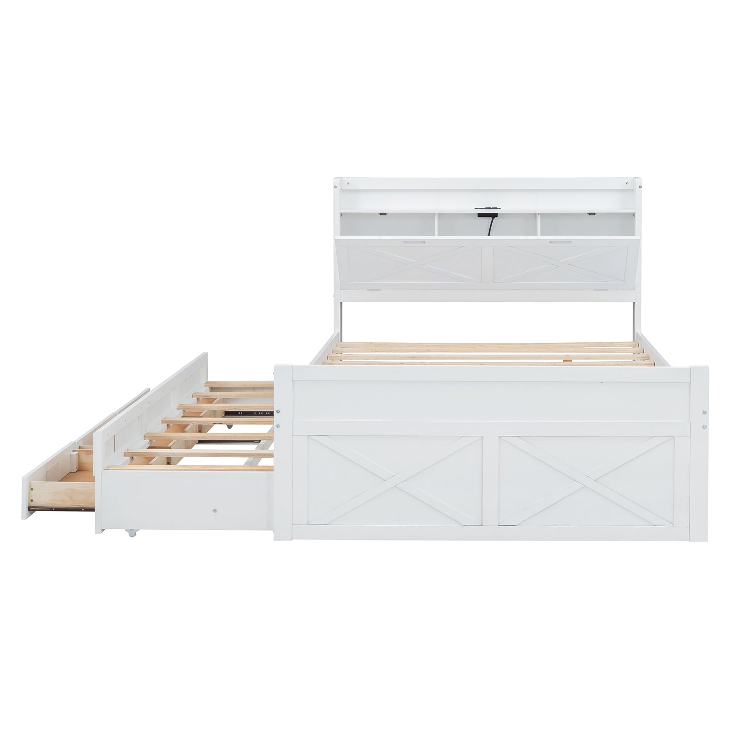 Full Size Wooden Bed with Storage Headboard with Outlets, Extendable Bed with Twin Size Trundle with Three Storage Drawers,White