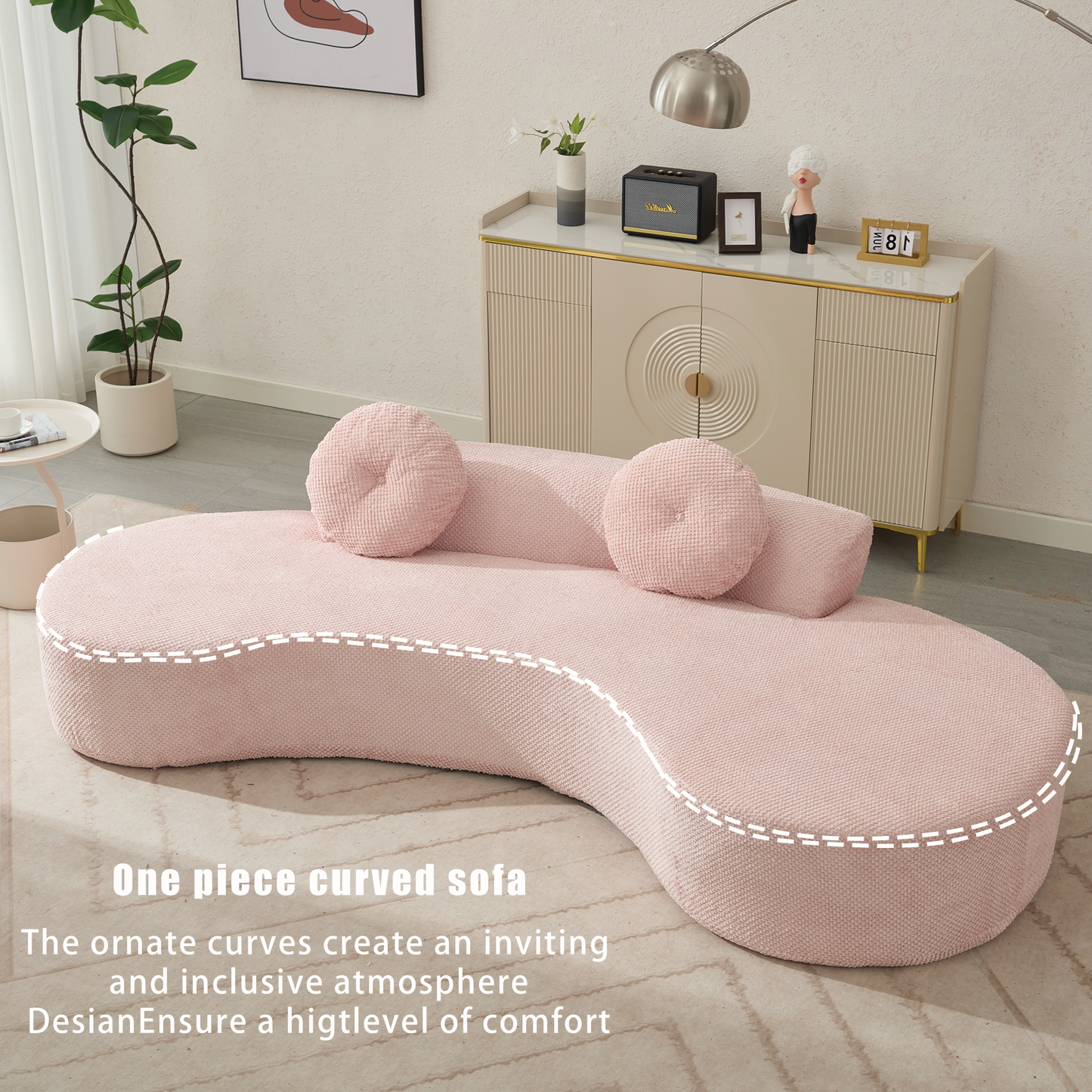 [NEW ARRIVED] [VIDEO PROVIDED]105.5''Curved Sofa, Modern Minimalist Sofa, Cloud Couch Sofa 3-4 Seater Couch with 2 Pillows,Bedroom,  No Assembly Required, Point-shaped corduroy,(Anti-Wrinkle) ,Pink