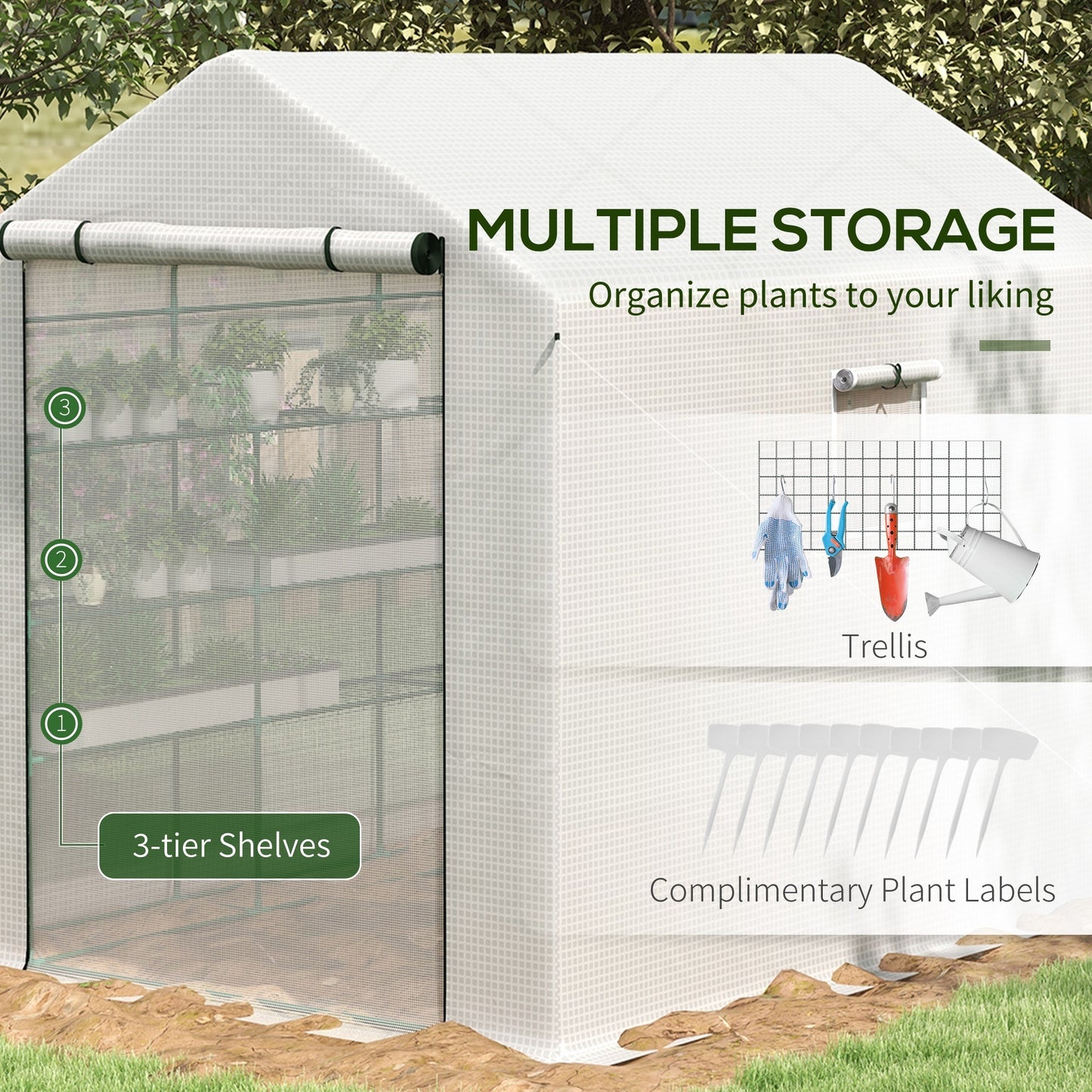 Outsunny 8' x 6' x 7' Walk-in Greenhouse with Mesh Door and Windows, 18 Shelf Green House with Trellis, Plant Labels, UV protective for Growing Flowers, Herbs, Vegetables, Saplings, White