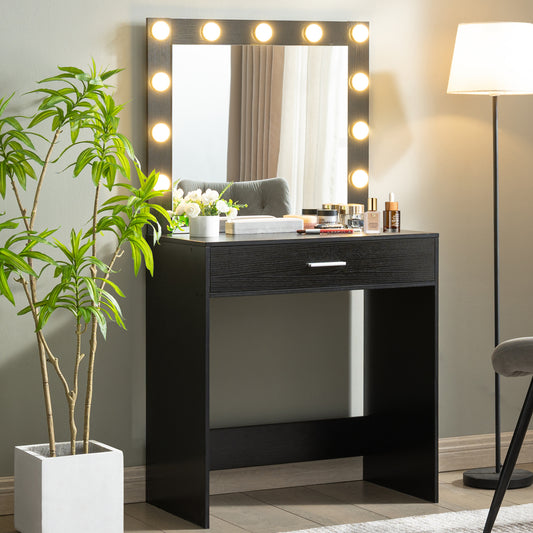 Vanity Desk with Mirror and Lights, Dressing Table with Large Drawer, 1 Level Storage Dresser & 3 Lighting Modes Adjustable Brightness, Suitable for Bedroom(Black)