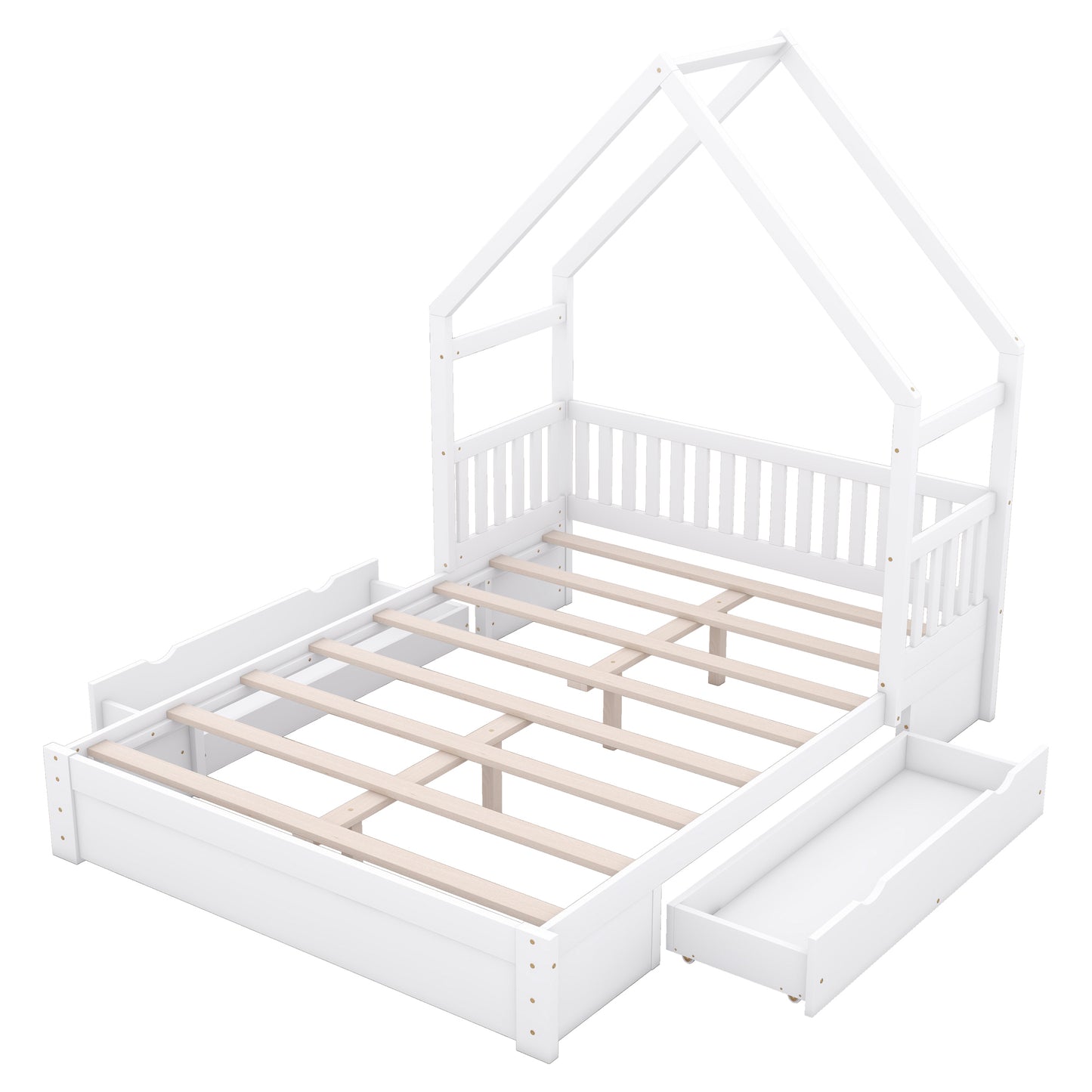 Wood Queen Size House Platform Bed with Guardrail and 2 Drawers, White