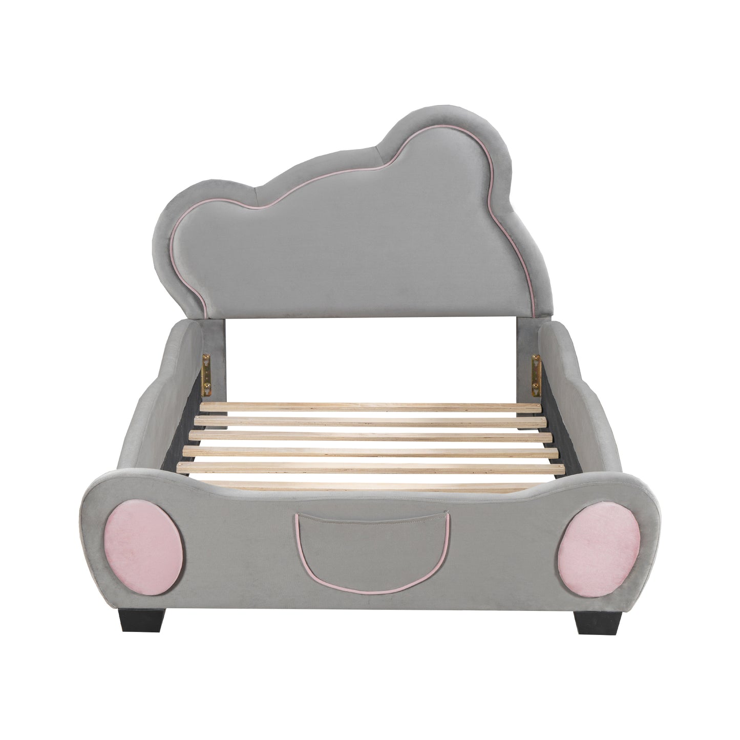 Twin Size Velvet Platform Bed with Bear-Shaped Headboard, with Bed-End Storage Pocket, Gray