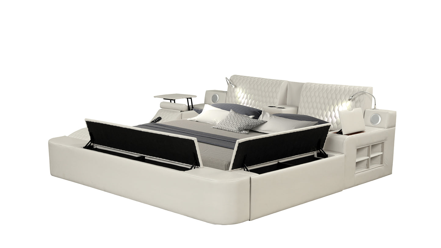 Smart Multifunctional Queen Size Bed Made with Wood in Beige