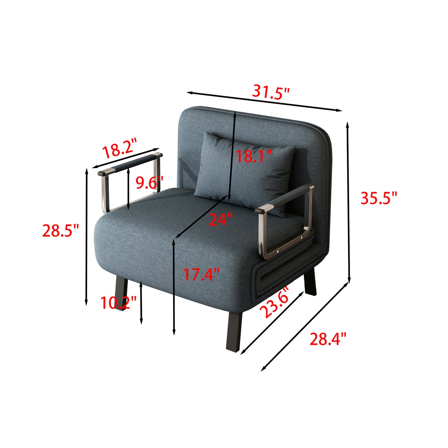 31.5″ Convertible Chair Bed, Tri-Fold Sofa Bed with Adjustable Backrest & Pillow, Leisure Chaise Lounge Couch with Sturdy Steel Frame for Home & Office, Comfortable Sleeper Chair