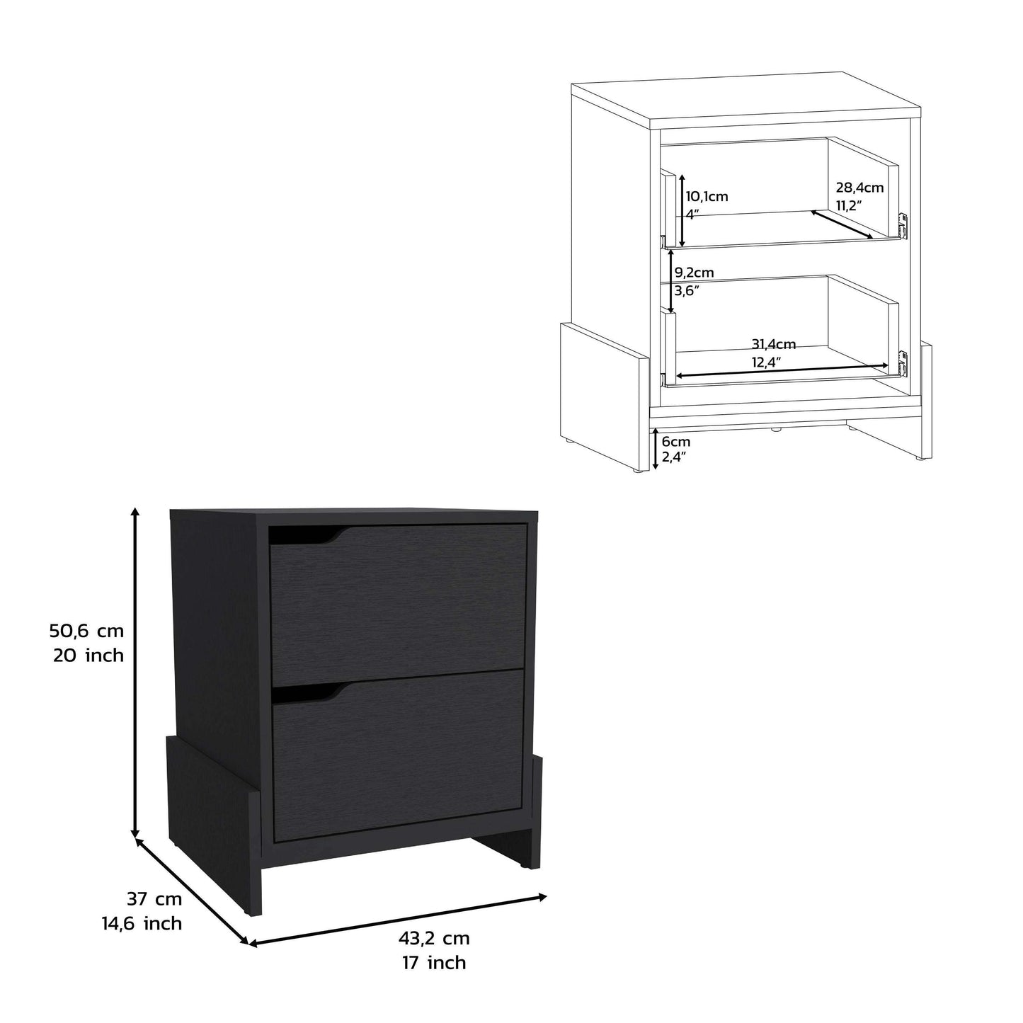 Nightstand with 2-Drawers, End Table with Sturdy Base, Black