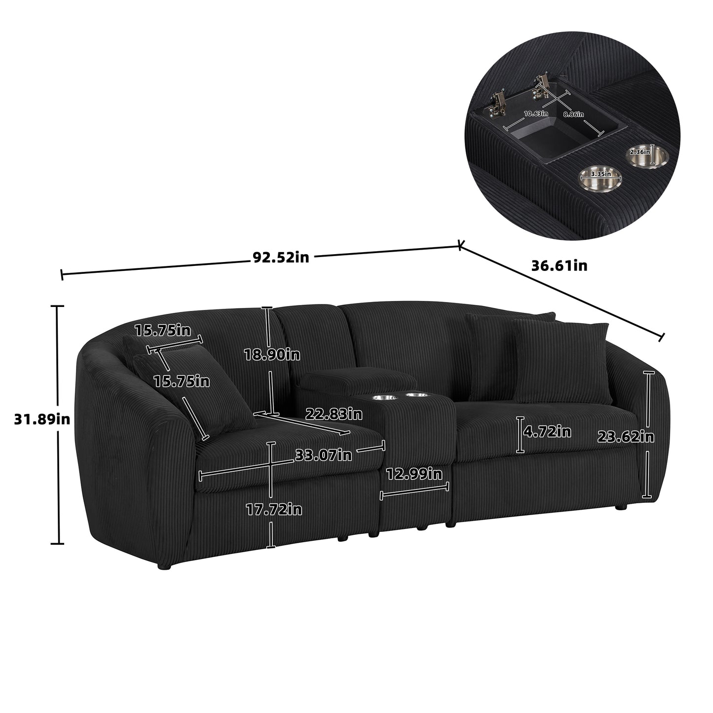 UNITED WE WIN corduroy fabric, two cup holders, storage, oversized two-seat, solid wood frame, high quality sponge filling, curved placement sofa