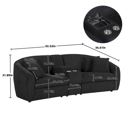 UNITED WE WIN corduroy fabric, two cup holders, storage, oversized two-seat, solid wood frame, high quality sponge filling, curved placement sofa