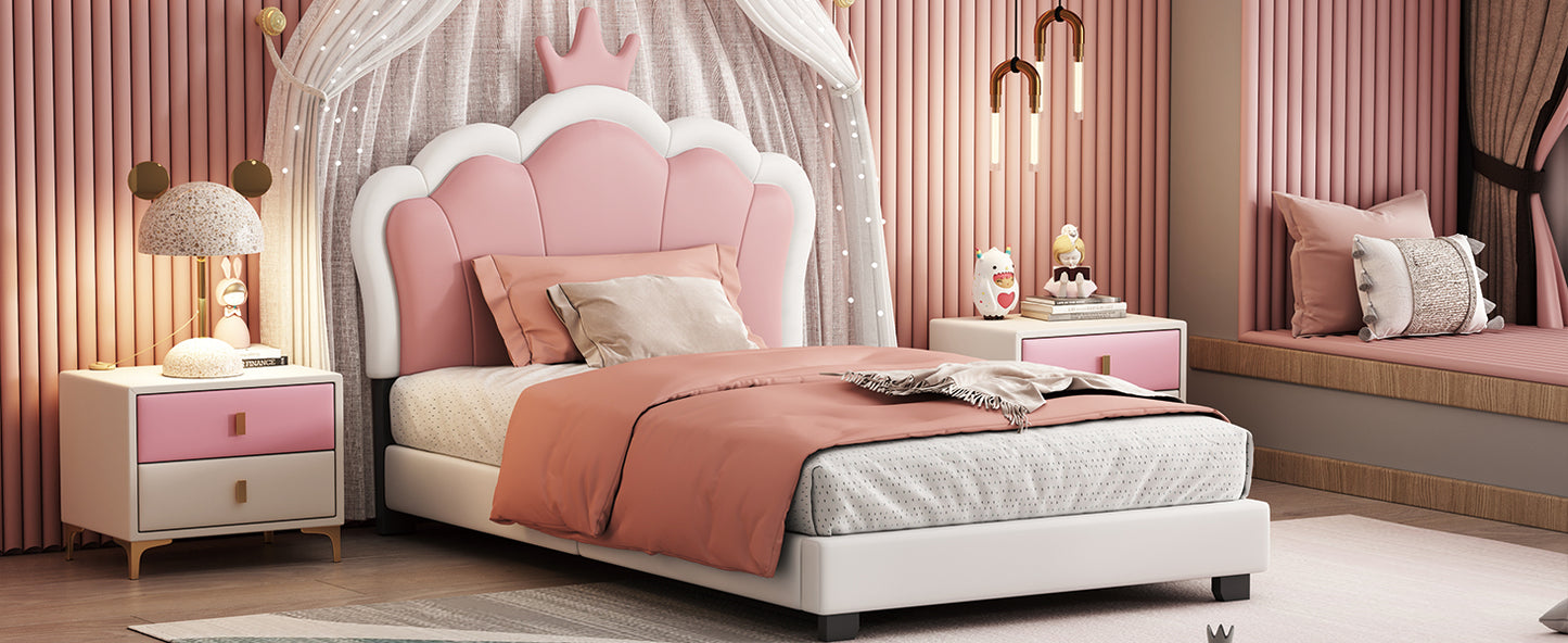 Twin size Upholstered Princess Bed With Crown Headboard,Twin Size Platform Bed with Headboard and Footboard, White+Pink