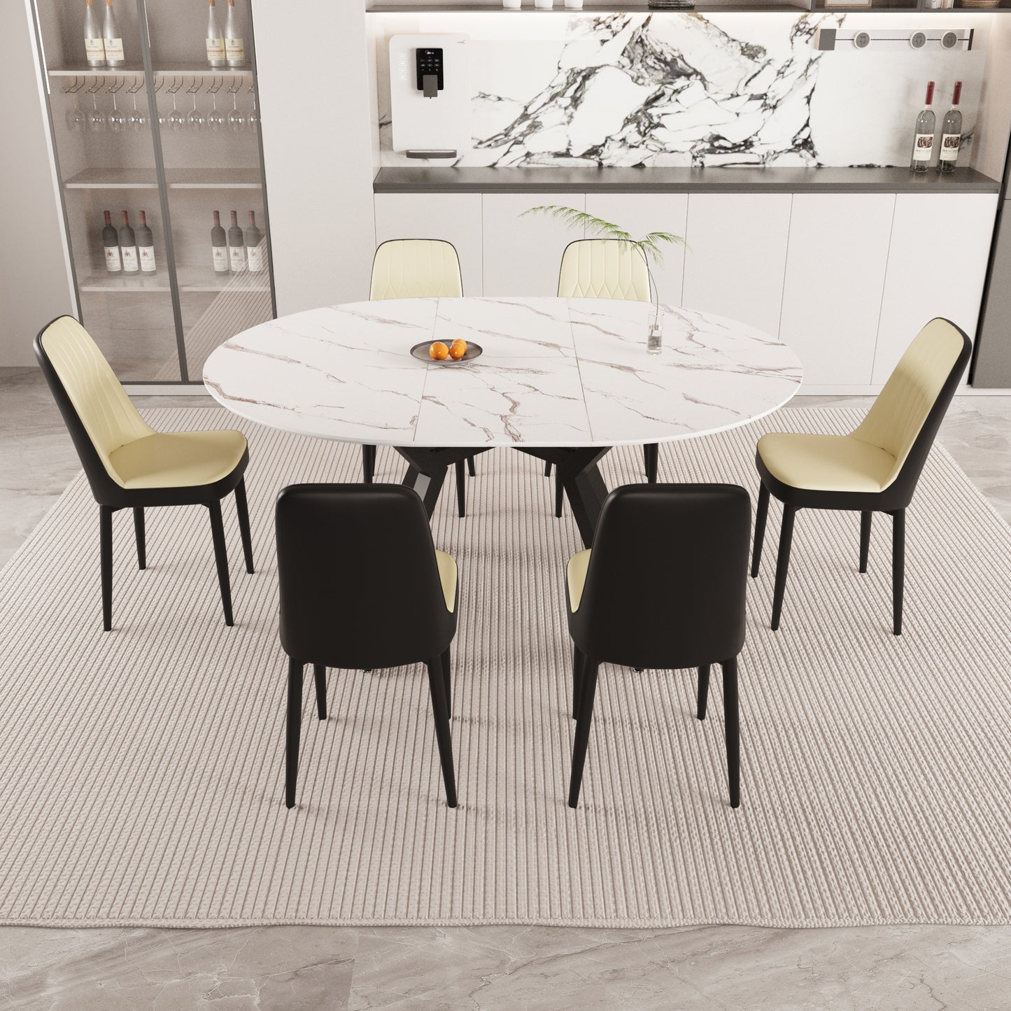 47-63' expandable circular dining tables , equipped with 6 PU fabric thick cushioned dining chairs and an elegant and spacious dining table, kitchen table and chair, with black metal legs