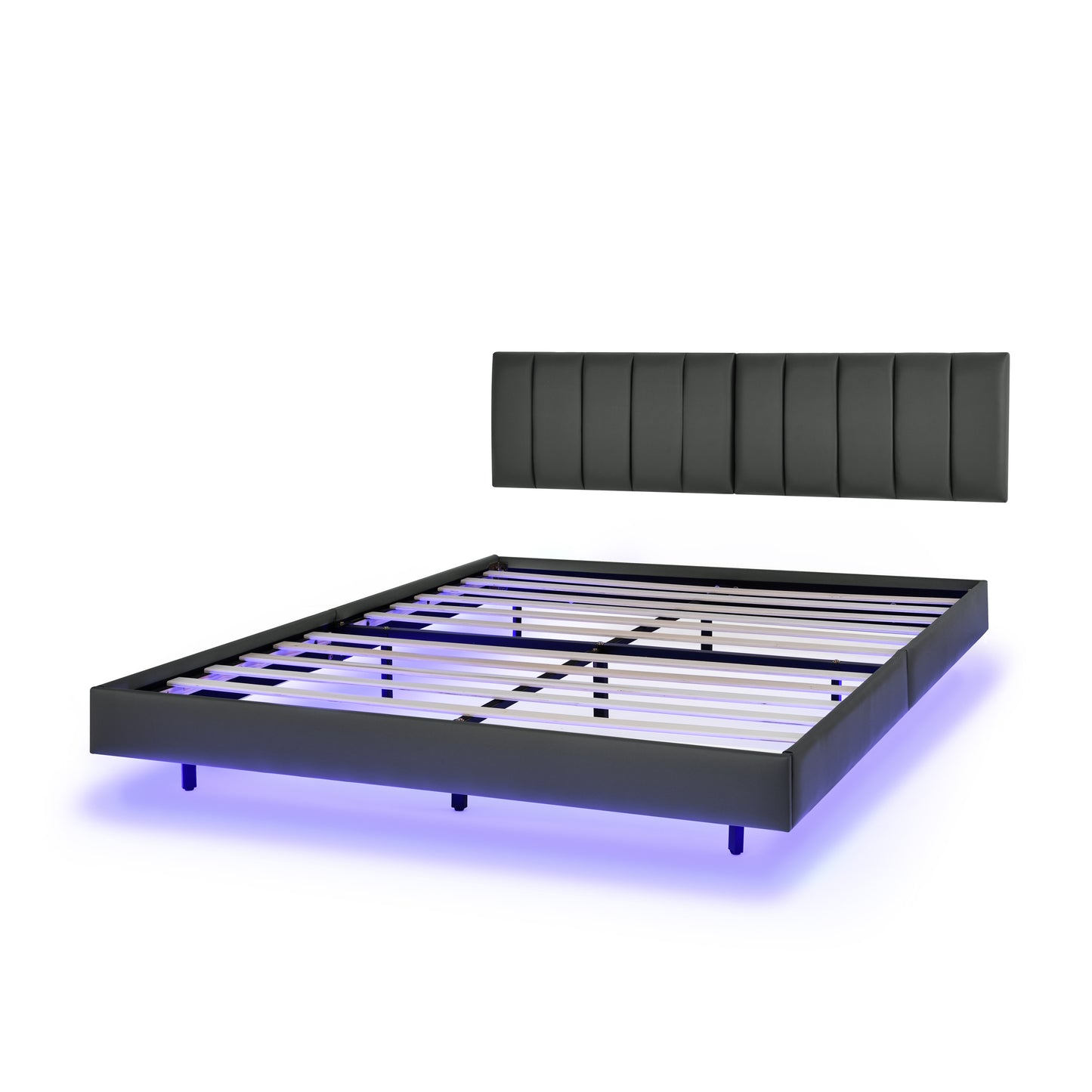 Queen Floating Bed Frame with LED Lights and Wall Mounted Headboard Modern Low Profile Led Platform Bed Frame Queen Size Faux Leather Upholstered Platform Bed Frame,No Box Spring Needed,Grey