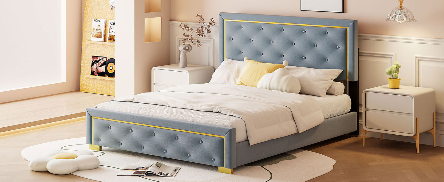 Queen Size Upholstered Platform Bed With Pull Point Headboard And Metal Wire Frame At The Head And Foot Of The Bed, Metal Feet, Velvet, Gray