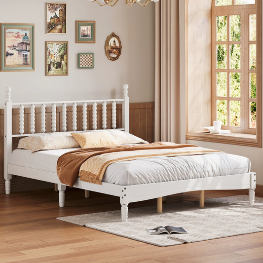 Queen Size Wood Platform Bed with Gourd Shaped Headboard,Retro Style Platform Bed with Wooden Slat Support,White