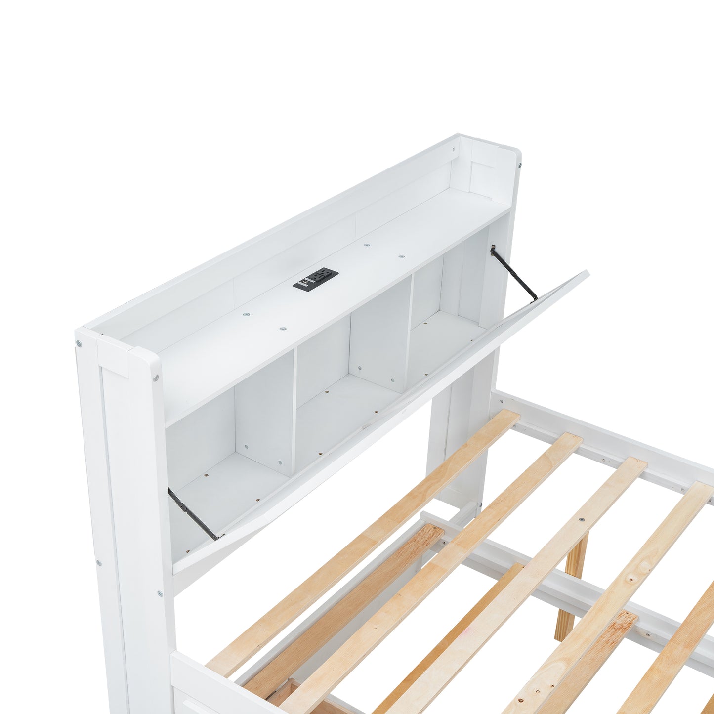 Full Size Wooden Bed with Storage Headboard with Outlets, Extendable Bed with Twin Size Trundle with Three Storage Drawers,White